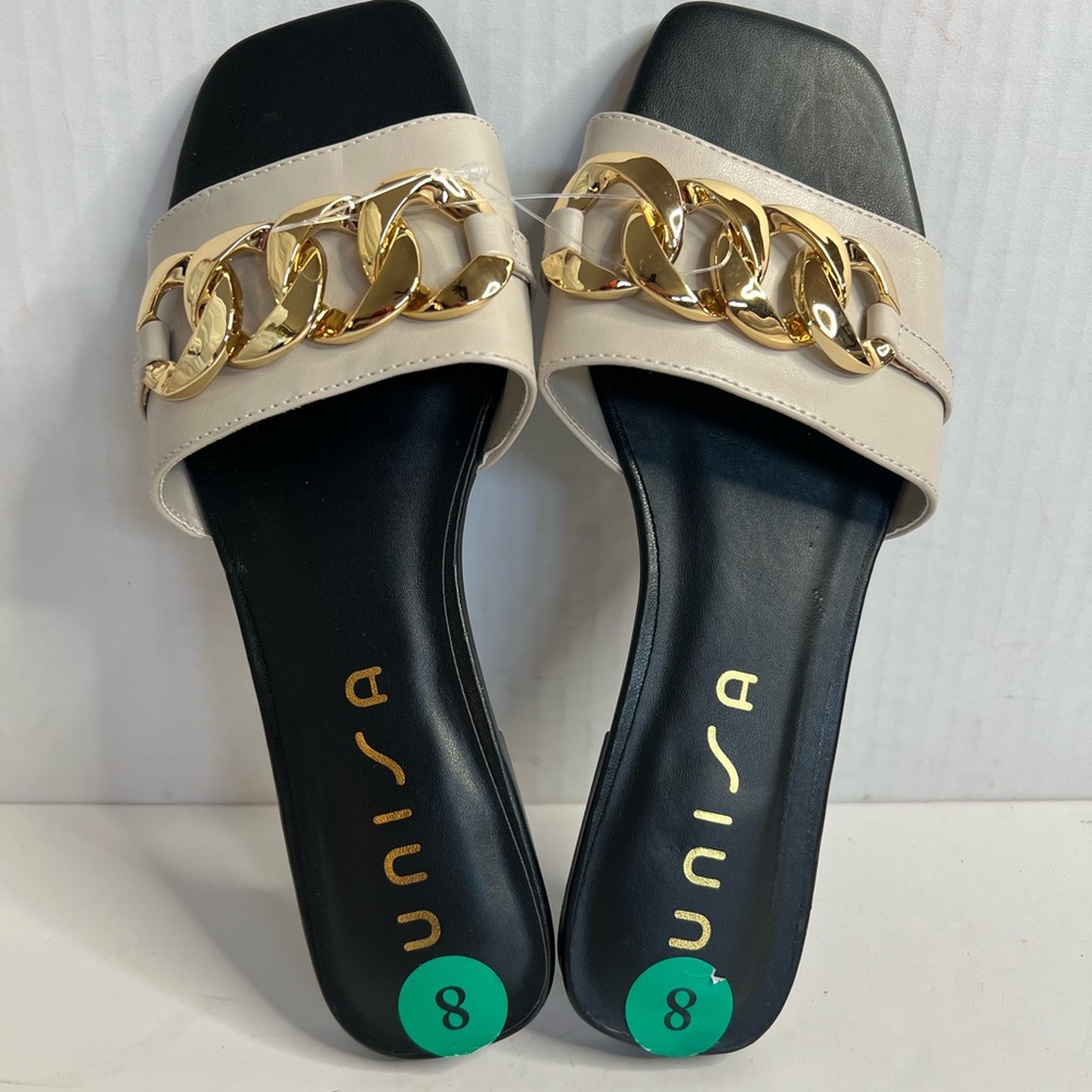 New Unisa UnSummer Cream & Gold Tone Chain link Strap Slides Square Toe Sandals